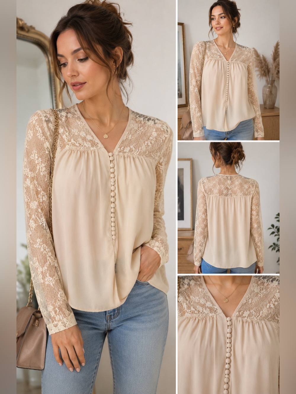 MM Couture By Miss Me 100% Silk Lace Button Front Blouse Women’s Medium Cream